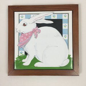VTG Pelzman Design Rabbit Bunny Tile Wood Framed Wall Plaque Trivet Decor